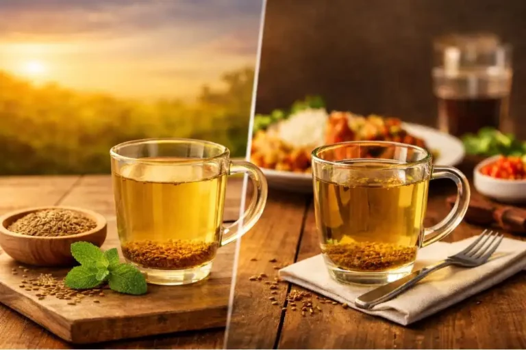 Two glasses of cumin water shown in different settings, one representing morning time and the other placed near a meal to represent drinking after eating