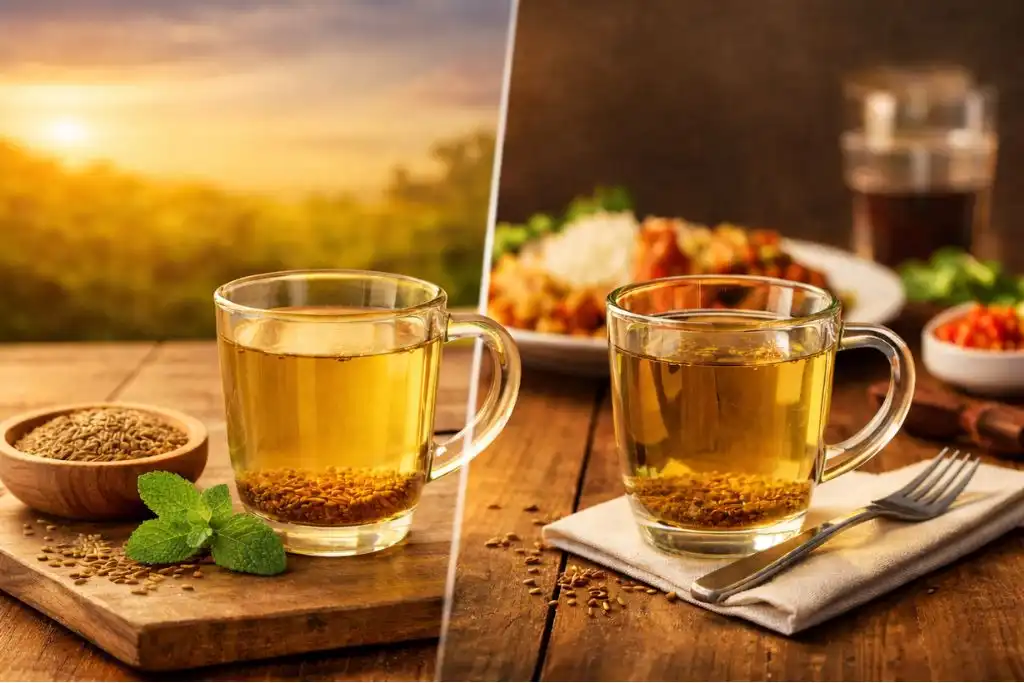 Two glasses of cumin water shown in different settings, one representing morning time and the other placed near a meal to represent drinking after eating