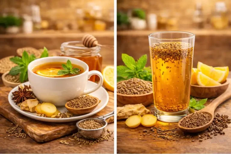 Side-by-side comparison showing a warm cup of cumin tea and a glass of cumin water with cumin seeds and natural ingredients around them, highlighting preparation and dietary differences