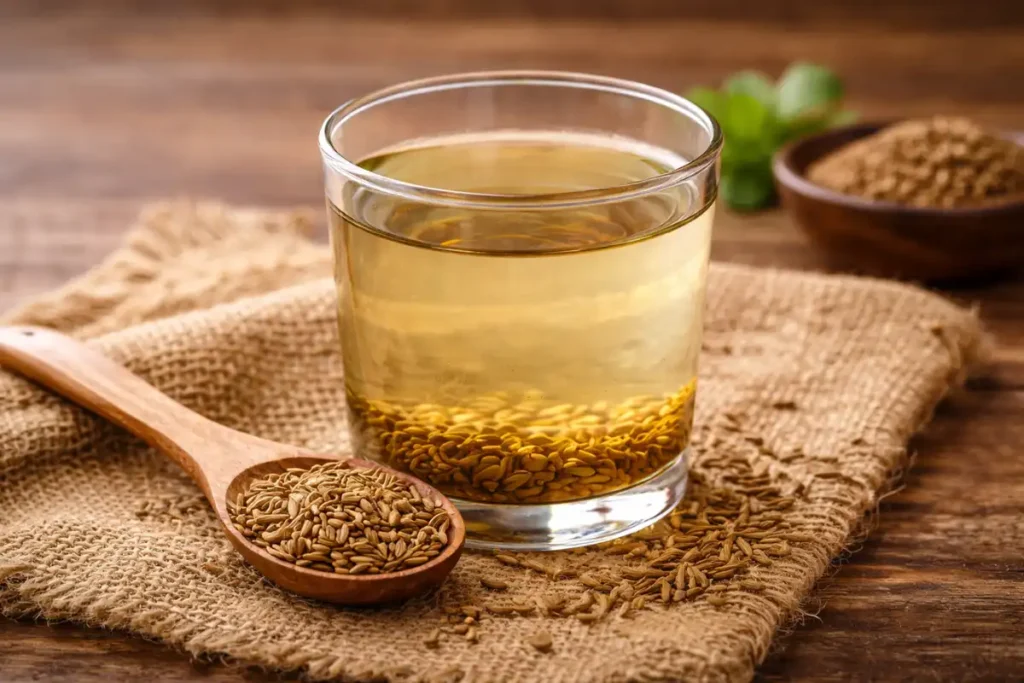 Cumin water made from soaked cumin seeds (jeera or zeera)