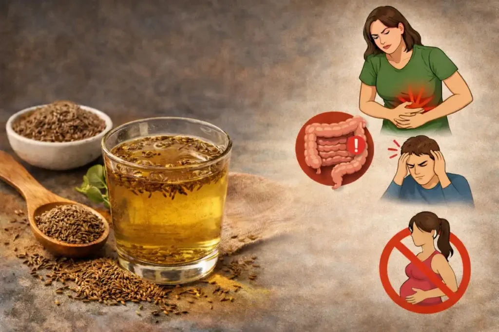Glass of cumin water with cumin seeds showing possible side effects and people who should avoid drinking cumin water
