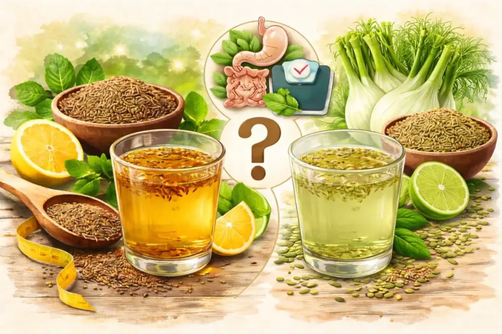 Cumin water and fennel water drinks with seeds shown in herbal wellness comparison