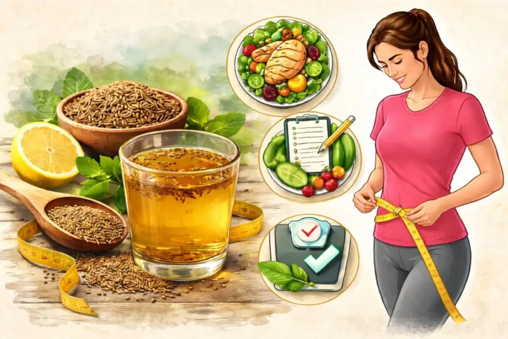 Illustration of cumin water with healthy foods and a woman measuring waist to represent weight management and balanced diet use