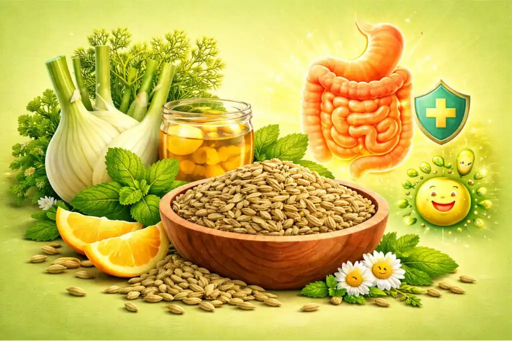 Fennel seeds in a wooden bowl on a clean green background representing digestion and gut health benefits