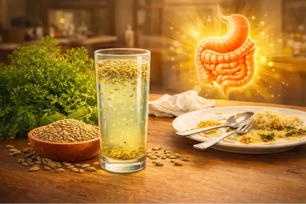Glass of fennel water with fennel seeds near a finished meal plate, representing traditional use after meals for digestion and comfort