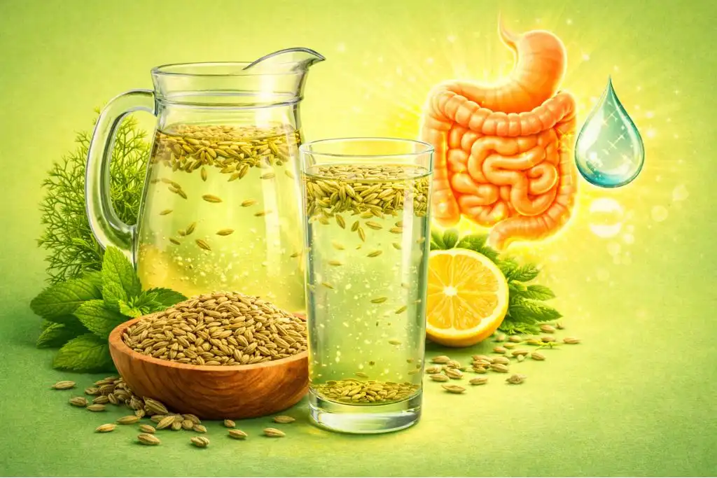 Glass and jug of fennel water with fennel seeds, representing digestion support and daily hydration benefits on a clean green background