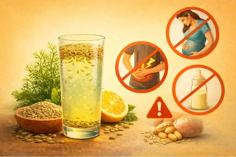 Glass of fennel water with fennel seeds on a soft yellow to orange gradient background, showing caution symbols for pregnancy, stomach discomfort, babies, and allergies