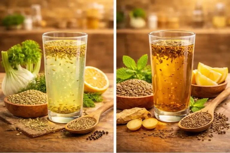Side-by-side comparison showing fennel water and cumin water in separate glasses with seeds and natural ingredients around them, highlighting color and traditional use differences