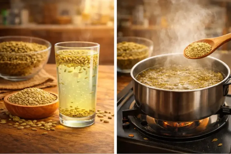 Two-step comparison showing fennel seeds soaked in water in a glass and fennel seeds boiling in a pot on the stove, demonstrating how to make fennel water at home