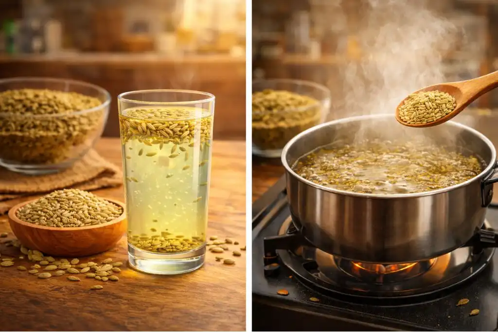 Two-step comparison showing fennel seeds soaked in water in a glass and fennel seeds boiling in a pot on the stove, demonstrating how to make fennel water at home