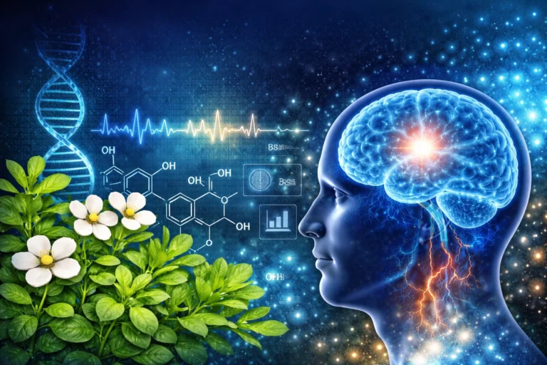 Bacopa monnieri herb with glowing brain illustration symbolizing memory, focus, and cognitive benefits