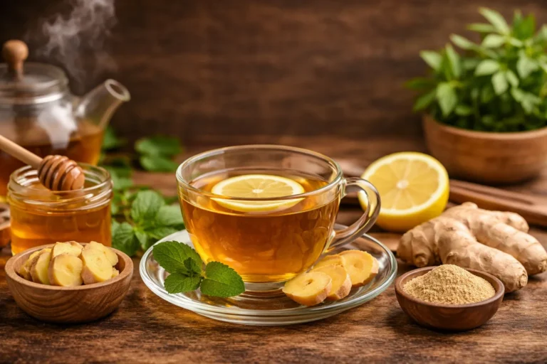 A warm cup of ginger tea with lemon and honey, showing ginger tea benefits for digestion, immunity, and overall health