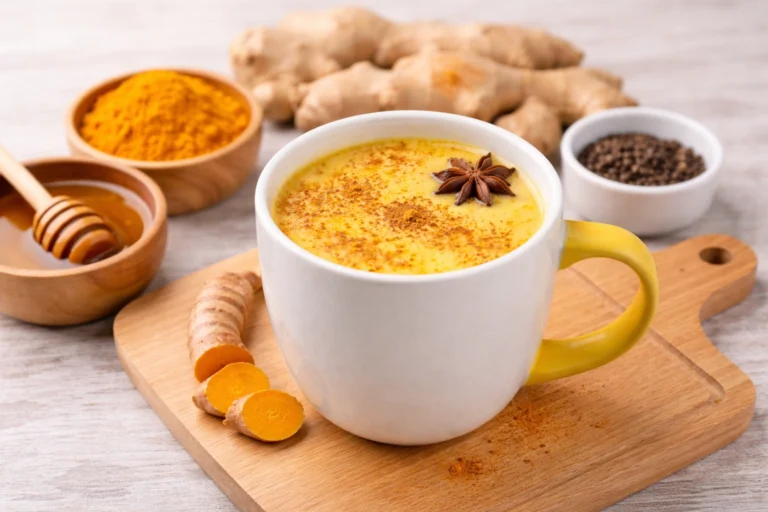 A warm cup of turmeric milk (golden milk) with turmeric powder, honey, ginger, and black pepper on a wooden board