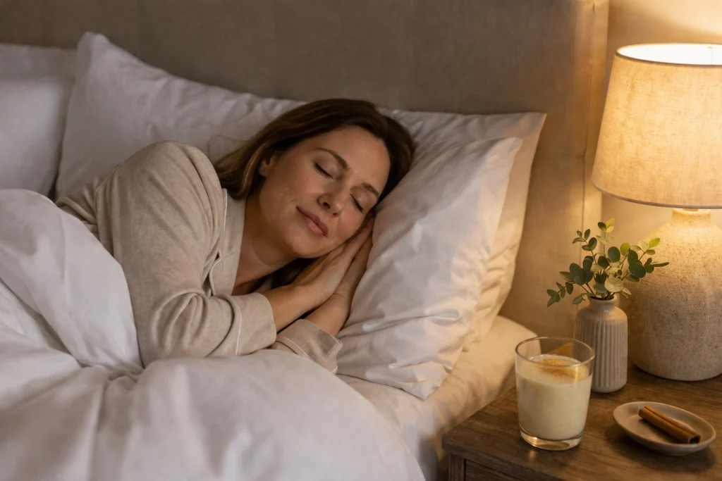 Woman sleeping peacefully in bed with ashwagandha milk on nightstand — natural sleep improvement with ashwagandha
