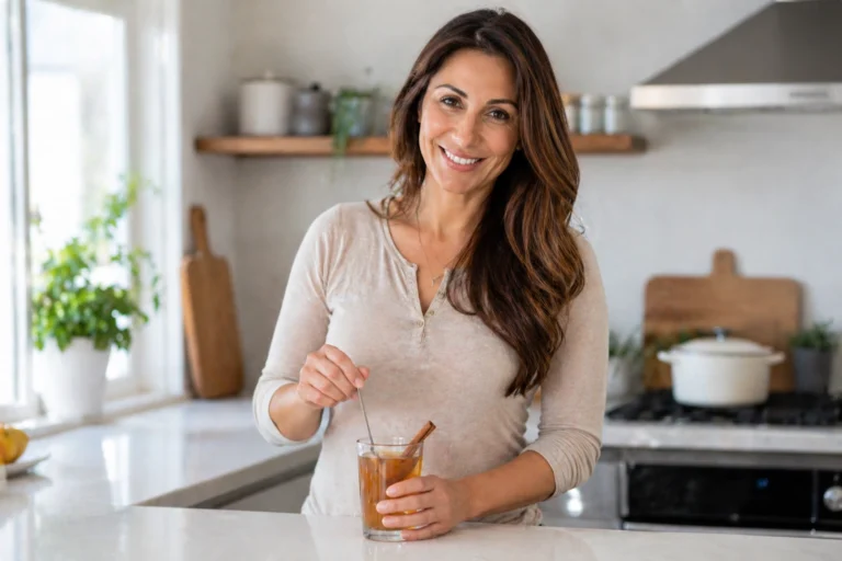 Woman preparing cinnamon water in kitchen for weight management morning routine