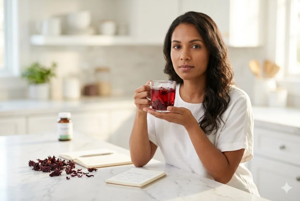 Woman holding a glass of ruby-red hibiscus tea looking forward, representing awareness of hibiscus tea side effects before daily use
