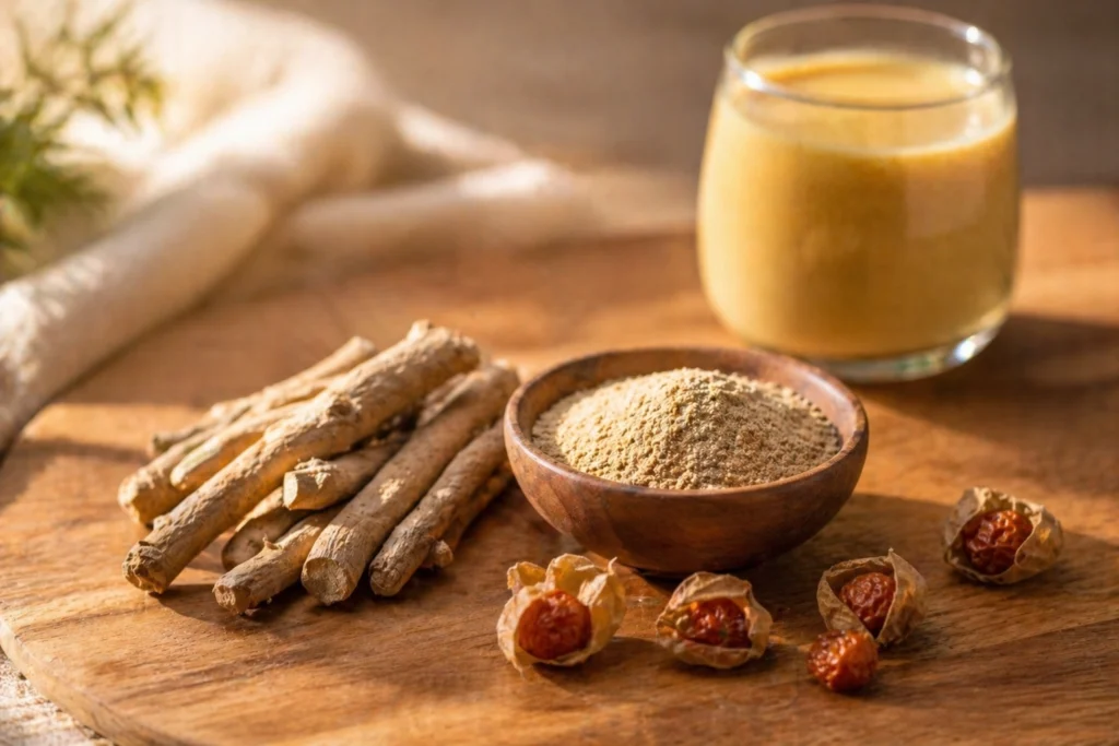 Ashwagandha root pieces and powder with a glass of ashwagandha milk on a wooden surface