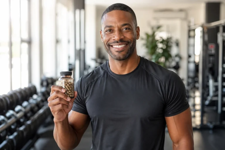 Fit African American man at gym holding ashwagandha supplement capsules — natural testosterone and muscle support