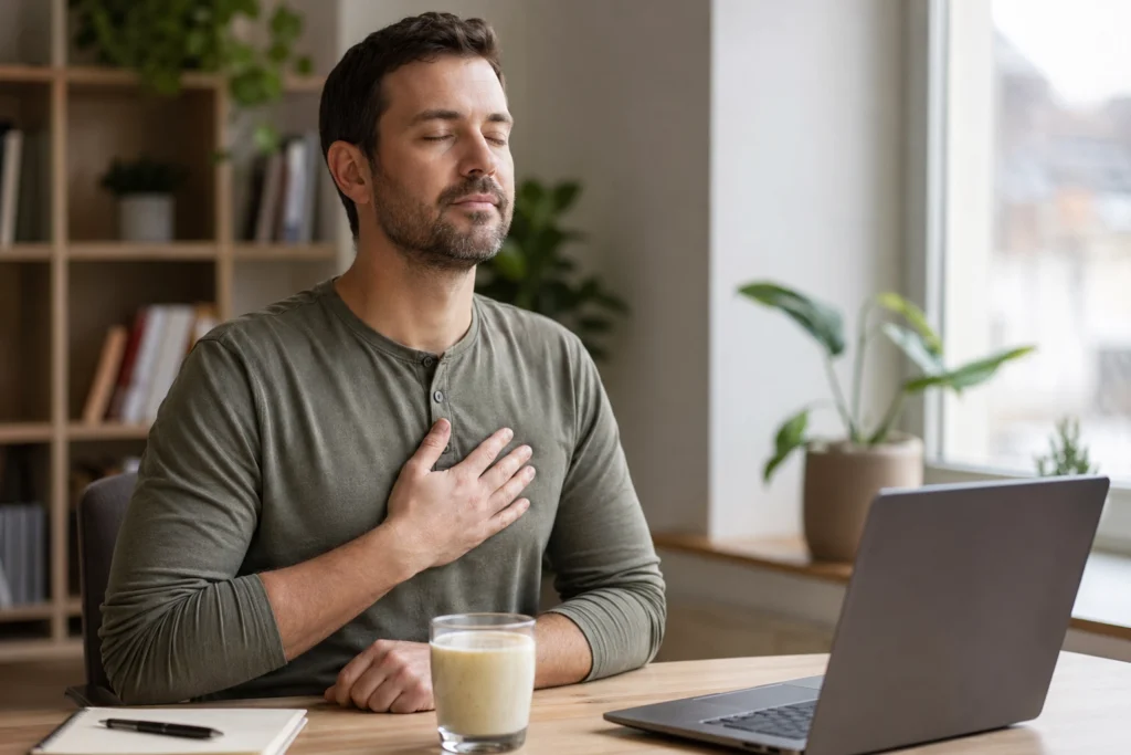 Calm man at home office with a glass of ashwagandha milk — natural stress and anxiety relief