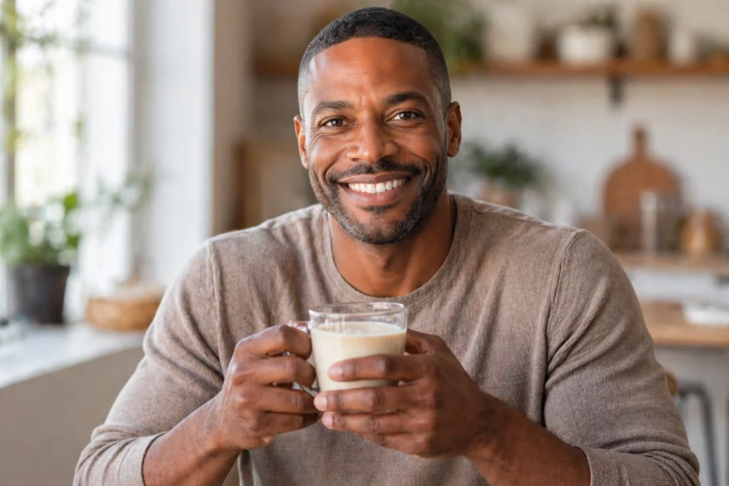 African American man holding warm ashwagandha milk at home — daily ashwagandha routine for men's health