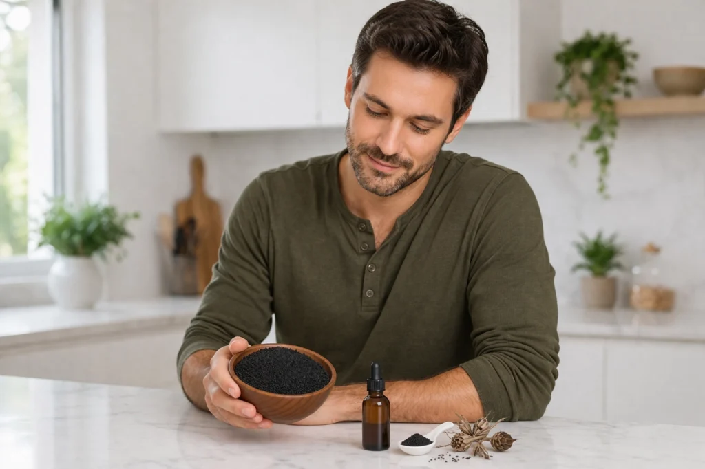 Man standing at kitchen counter holding wooden bowl of black seed kalonji nigella sativa seeds with black seed oil bottle