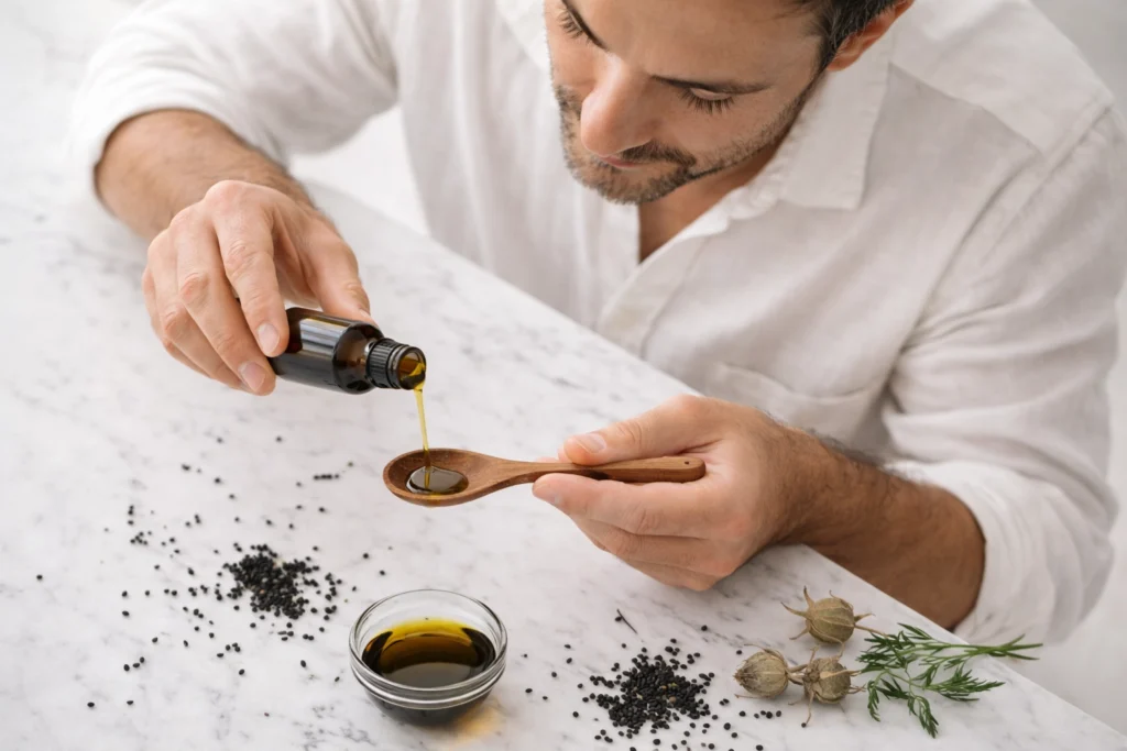 Man mixing black seed kalonji powder into warm water with honey showing how to take black seed daily