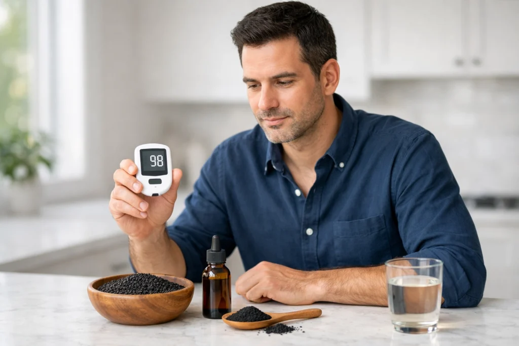 Man standing at kitchen counter holding glucometer blood glucose monitor beside wooden bowl of black seed kalonji nigella sativa seeds and amber oil bottle