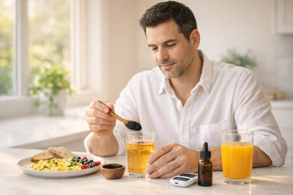 Wooden bowl of black seed kalonji nigella sativa powder with measuring spoon showing 2g daily therapeutic dose for diabetes