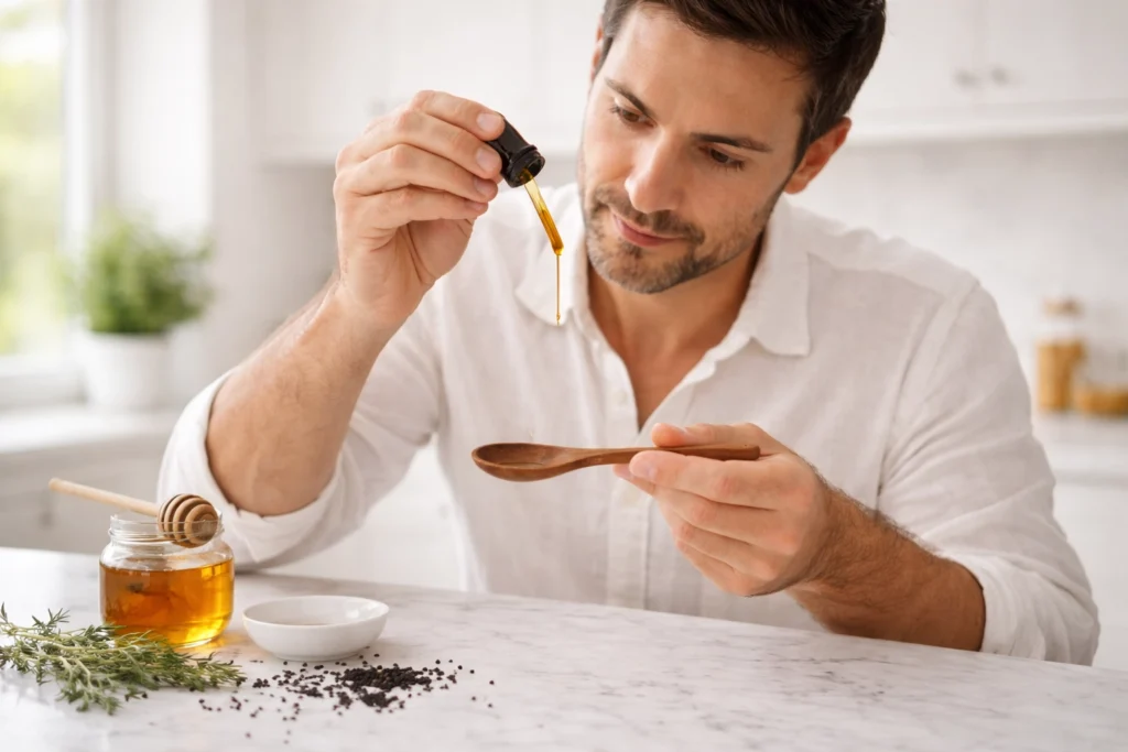Man standing at kitchen counter dropping black seed oil from amber dropper bottle onto wooden spoon beside honey jar and nigella sativa seeds