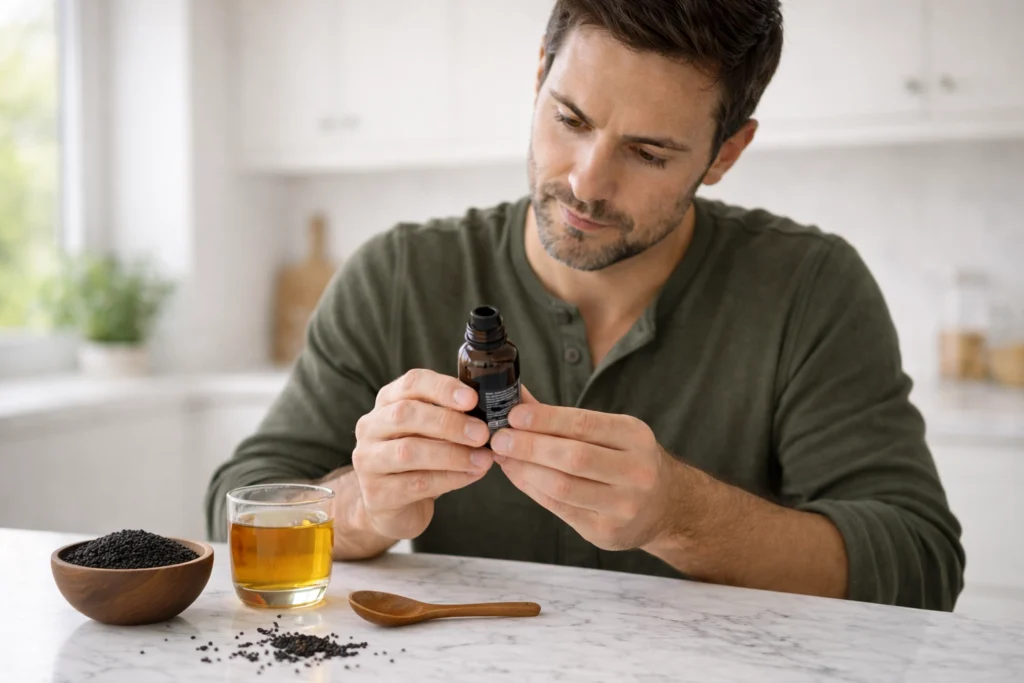 Woman applying diluted black seed oil to scalp for hair growth and dandruff treatment