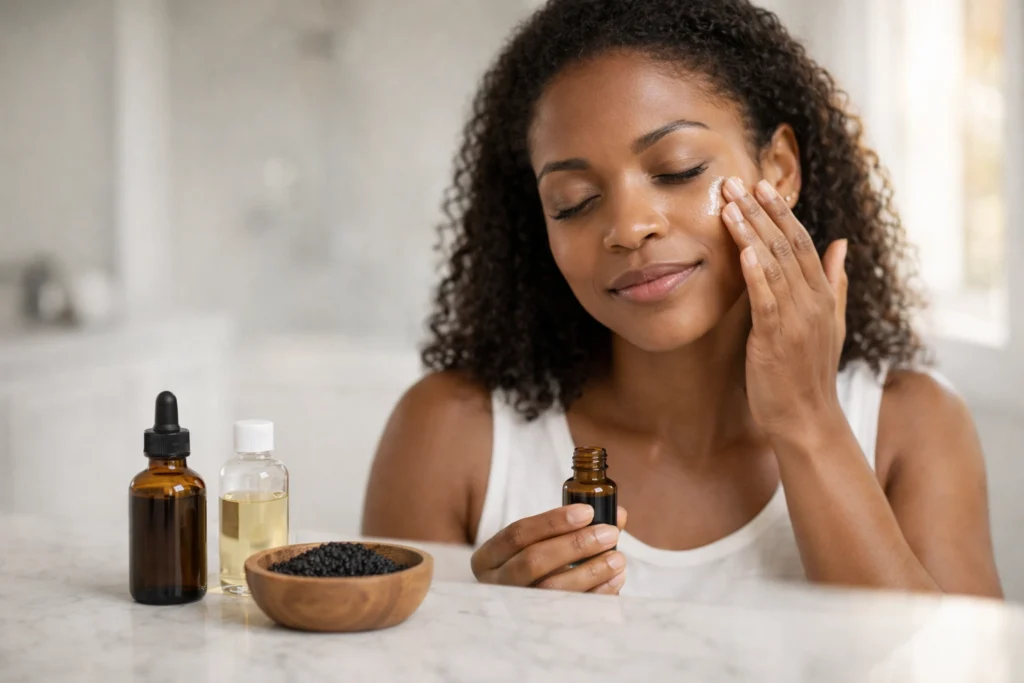 Black woman applying drops of dark amber black seed oil kalonji nigella sativa to her face from a dropper bottle in morning skincare routine beside wooden bowl of seeds