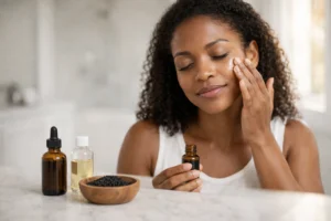 Black woman applying drops of dark amber black seed oil kalonji nigella sativa to her face from a dropper bottle in morning skincare routine beside wooden bowl of seeds
