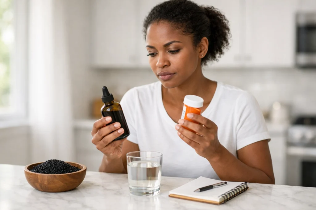 Black woman standing at kitchen counter holding black seed oil bottle and prescription medication bottle with thoughtful expression beside bowl of kalonji seeds