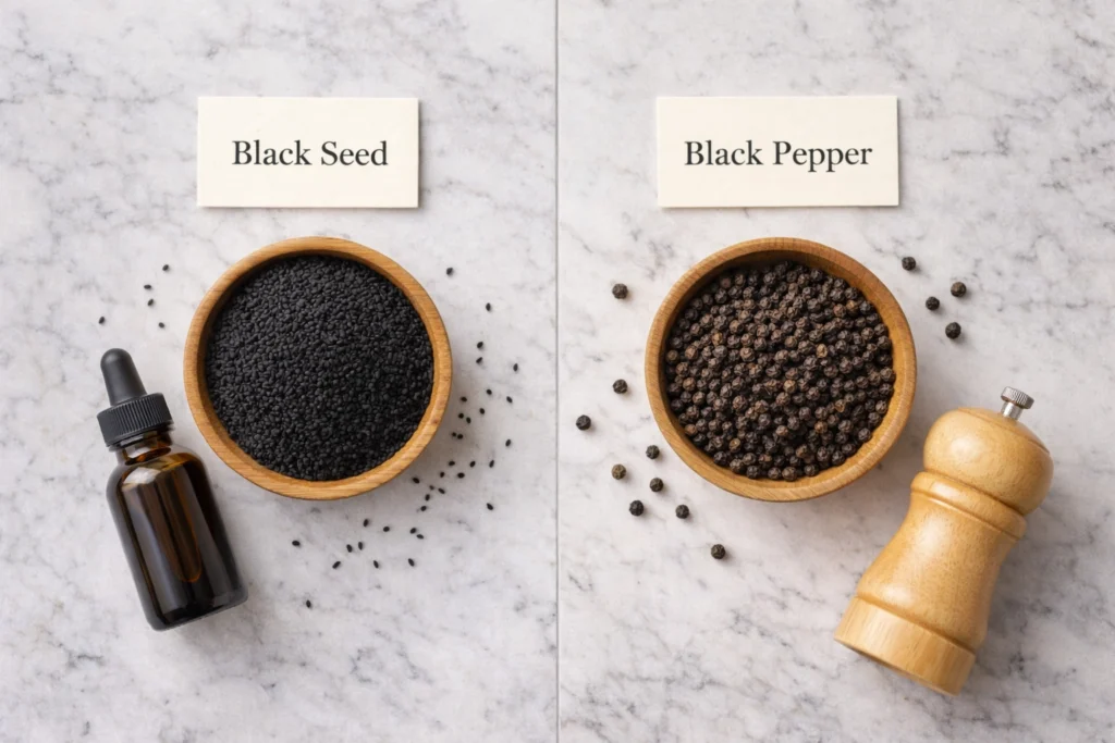 Two wooden bowls side by side — left bowl filled with black seed kalonji nigella sativa seeds, right bowl filled with black peppercorns, showing the difference between the two spices