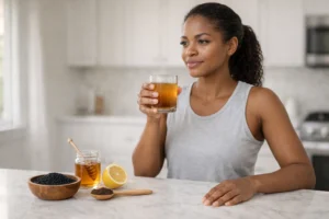 Woman standing at kitchen counter holding glass of warm water with black seed kalonji powder and honey beside wooden bowl of nigella sativa seeds lemon and honey jar for morning weight loss drink