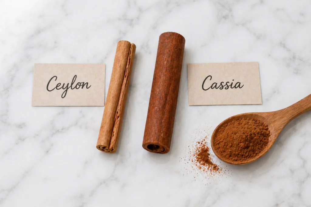 Ceylon cinnamon stick and Cassia cinnamon stick side by side showing the difference in appearance and texture