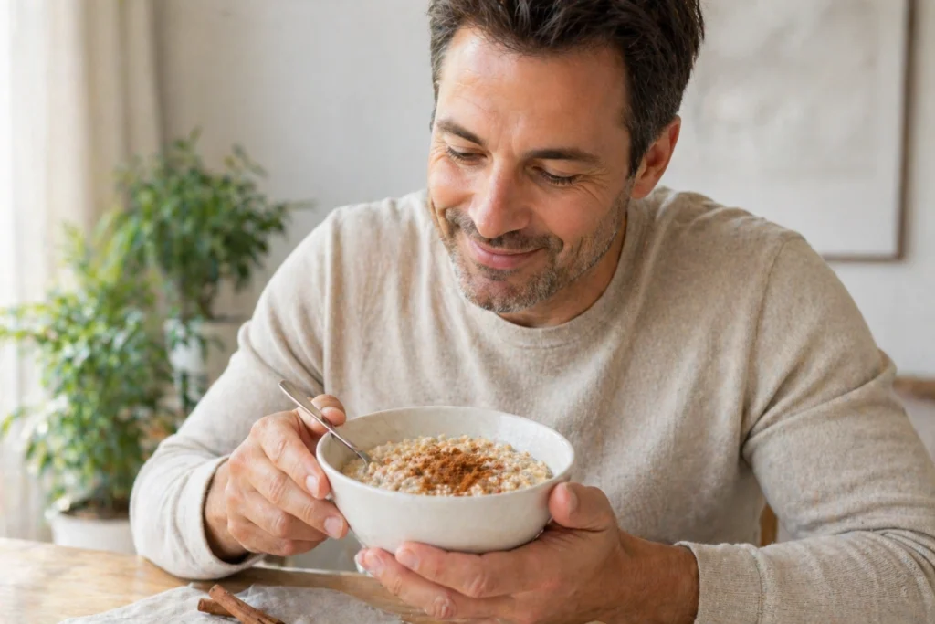 Man eating cinnamon oatmeal for healthy breakfast as part of a weight management routine