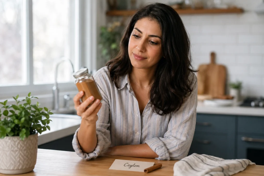 Woman carefully reading cinnamon label to check for Ceylon vs Cassia — cinnamon safety guide