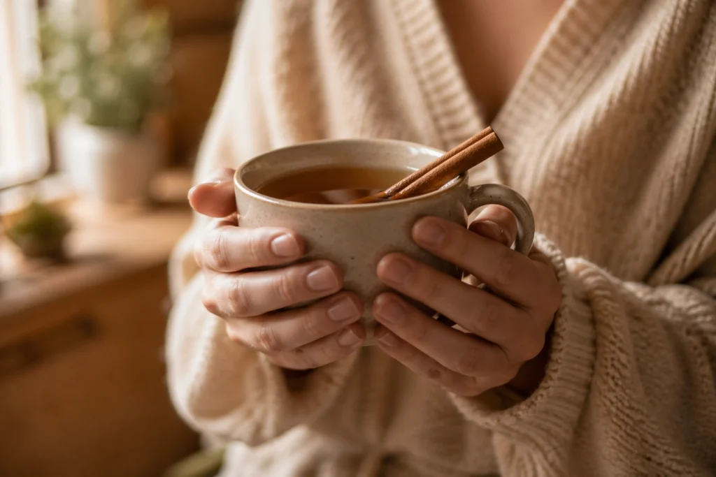 Woman holding a warm mug of cinnamon tea with a cinnamon stick — natural home wellness routine