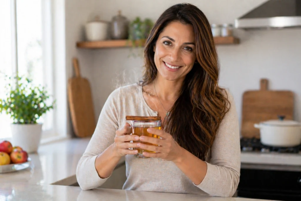 Woman holding a warm glass of cinnamon water in the morning as part of a daily wellness routine