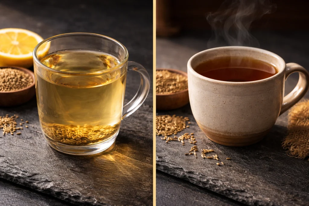 Close up comparison of cumin water in glass and cumin tea in ceramic cup showing colour and strength difference