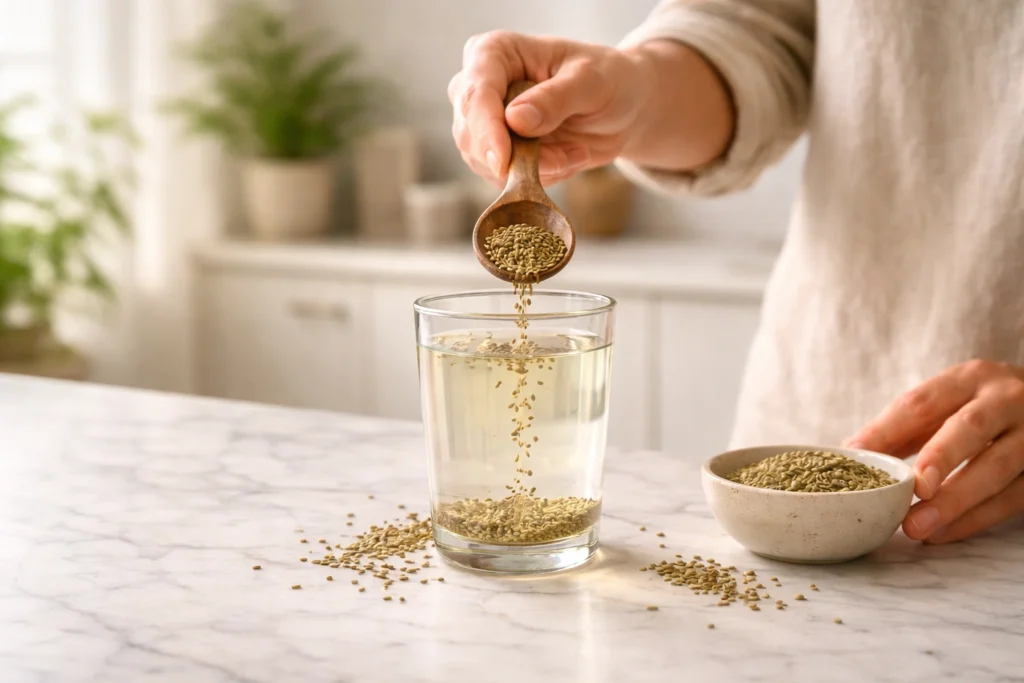 Pouring cumin seeds into a glass of water to make jeera water