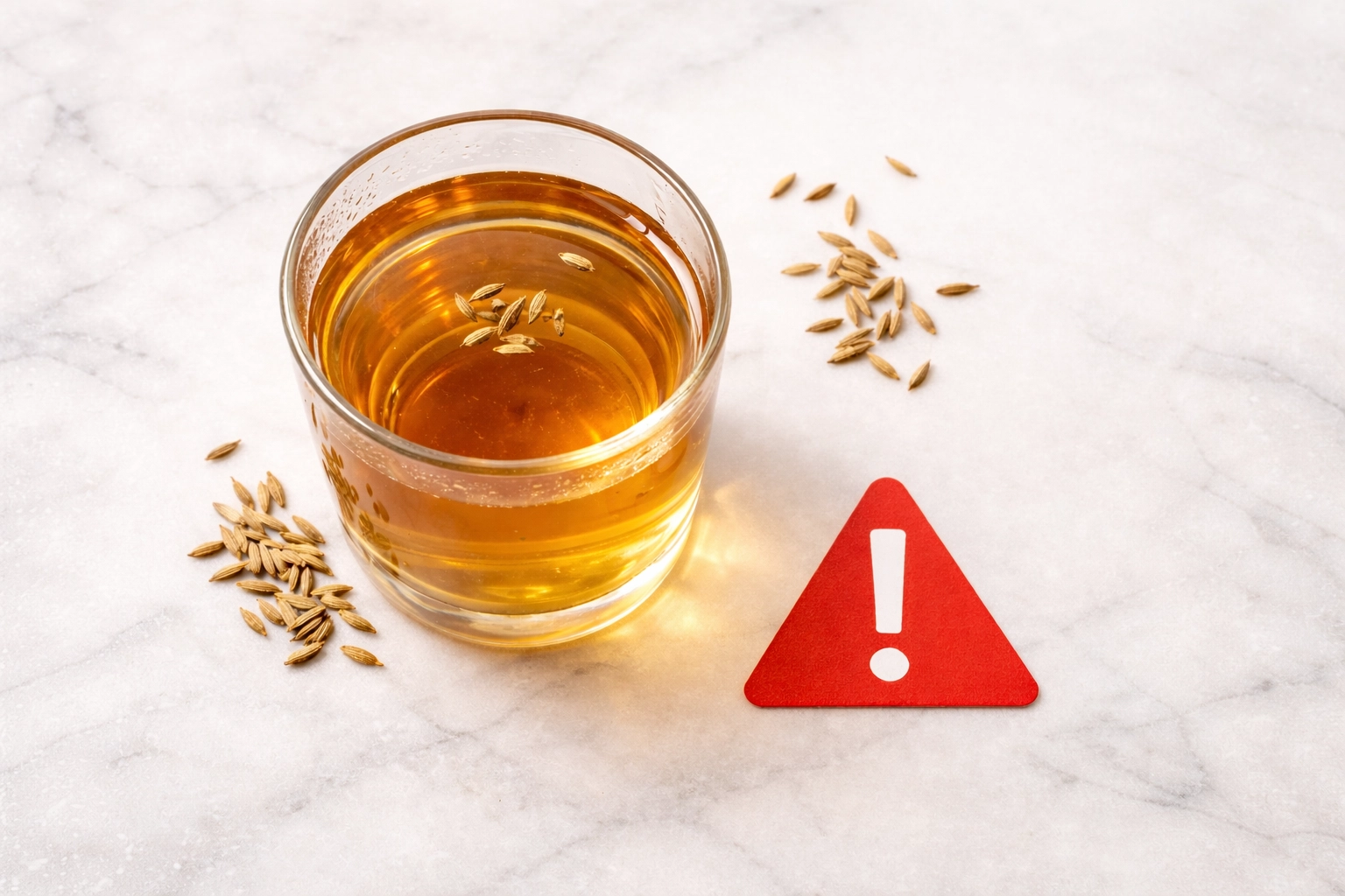 Glass of cumin water showing potential side effects like heartburn and acidity