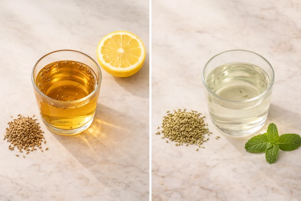 Side by side comparison of cumin water and fennel water with seeds on marble surface