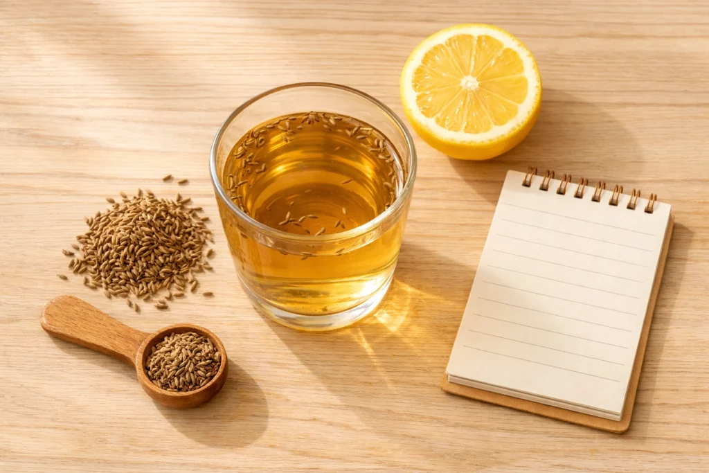 Flat lay of cumin water with cumin seeds, lemon, and meal plan notepad representing weight management routine