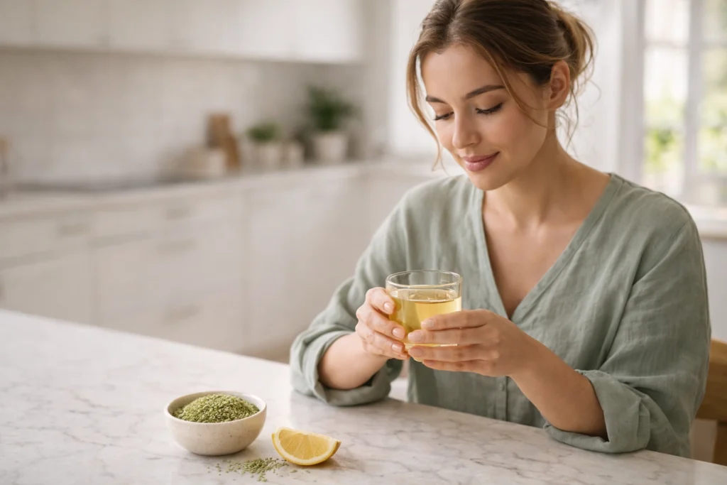 Woman holding glass of fennel seed water at kitchen counter representing daily digestive wellness habit