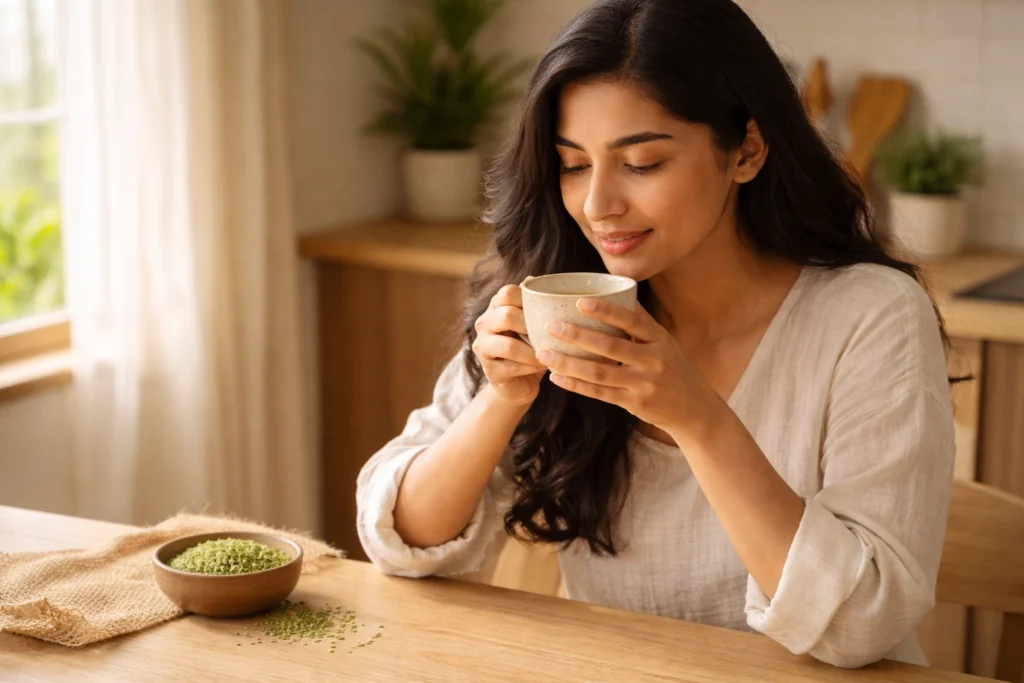 Young woman drinking warm fennel seed water saunf in the morning representing daily wellness habit
