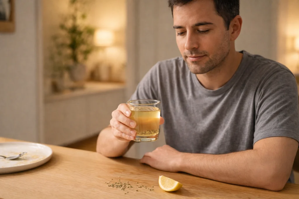 Man sitting at dining table after meal holding glass of fennel water as part of post-meal digestive routine