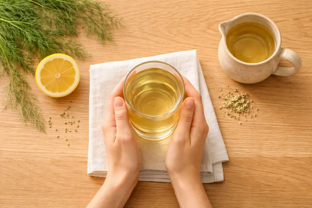 Overhead view of hands holding glass of fennel water on wooden table with fennel seeds and lemon representing daily hydration habit
