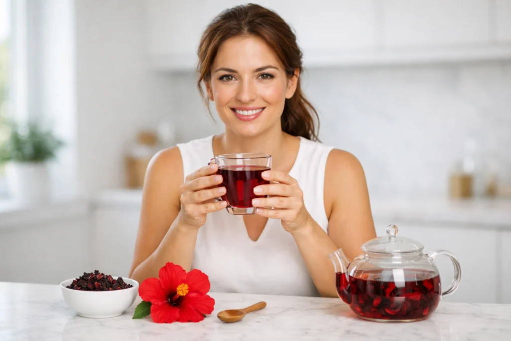 Woman standing at kitchen counter holding a glass of deep ruby-red hibiscus tea with dried hibiscus calyxes and fresh hibiscus flower
